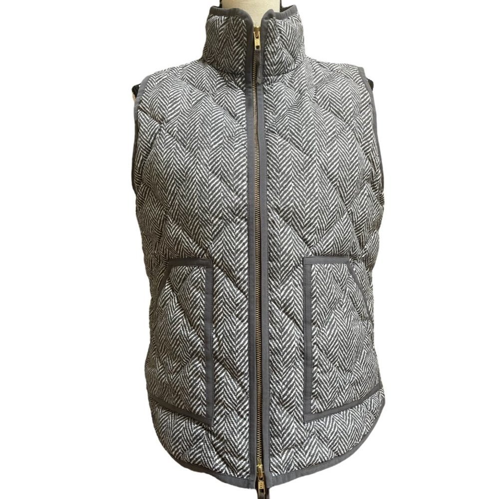 J Crew Vest Quilted Puffer Gray White Herringbone Jacket Full Zipper Size M